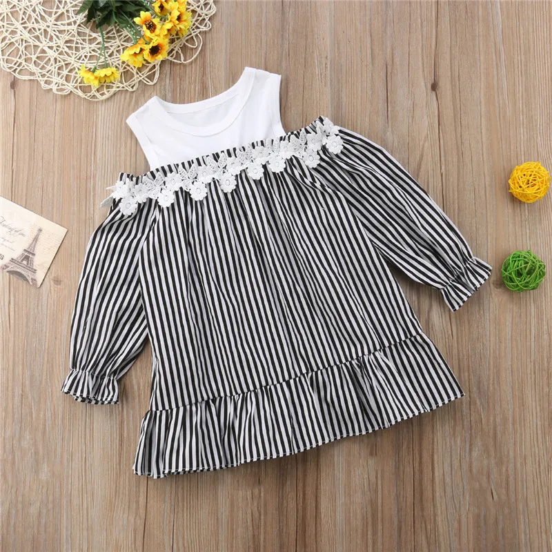 Spring Autumn Kid Girls Dress 2018 Casual Lace Flower Patchwork Off-shoulder Striped Dresses Children Long Sleeve Princess | Детская