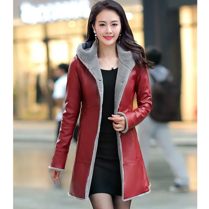 

UHYTGF L-6XL Oversized luxury Genuine Leather leather Jacket Women long Slim Plus velvet Thicken Leather Warm Outerwear Lady 956