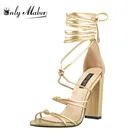 Onlymakerженские сандалии-гладиаторы золотистого цвета на шнуровке; босоножки на высоком массивном каблуке с открытым носком и ремешком на щиколотке; повседневная обувь с бантом