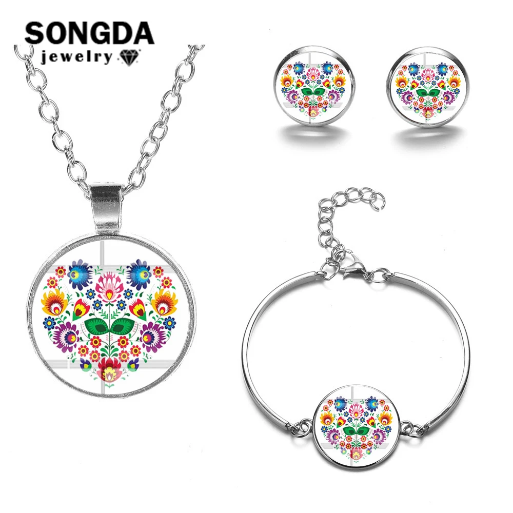 

Classic Bohemia Jewelry Sets Polish Folk Art Pattern Handmade Glass Cabochon Women Necklace Earrings Bracelet Set Indian Bijoux
