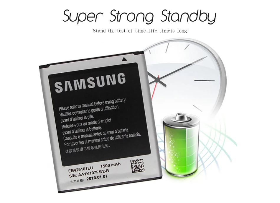 Оригинальная батарея Samsung EB425161LU 1500 мАч для Galaxy S Duos S7562 S7566 S7568 i8160 S7582 S7560 S7580 i8190 i739 i669 J1 мини