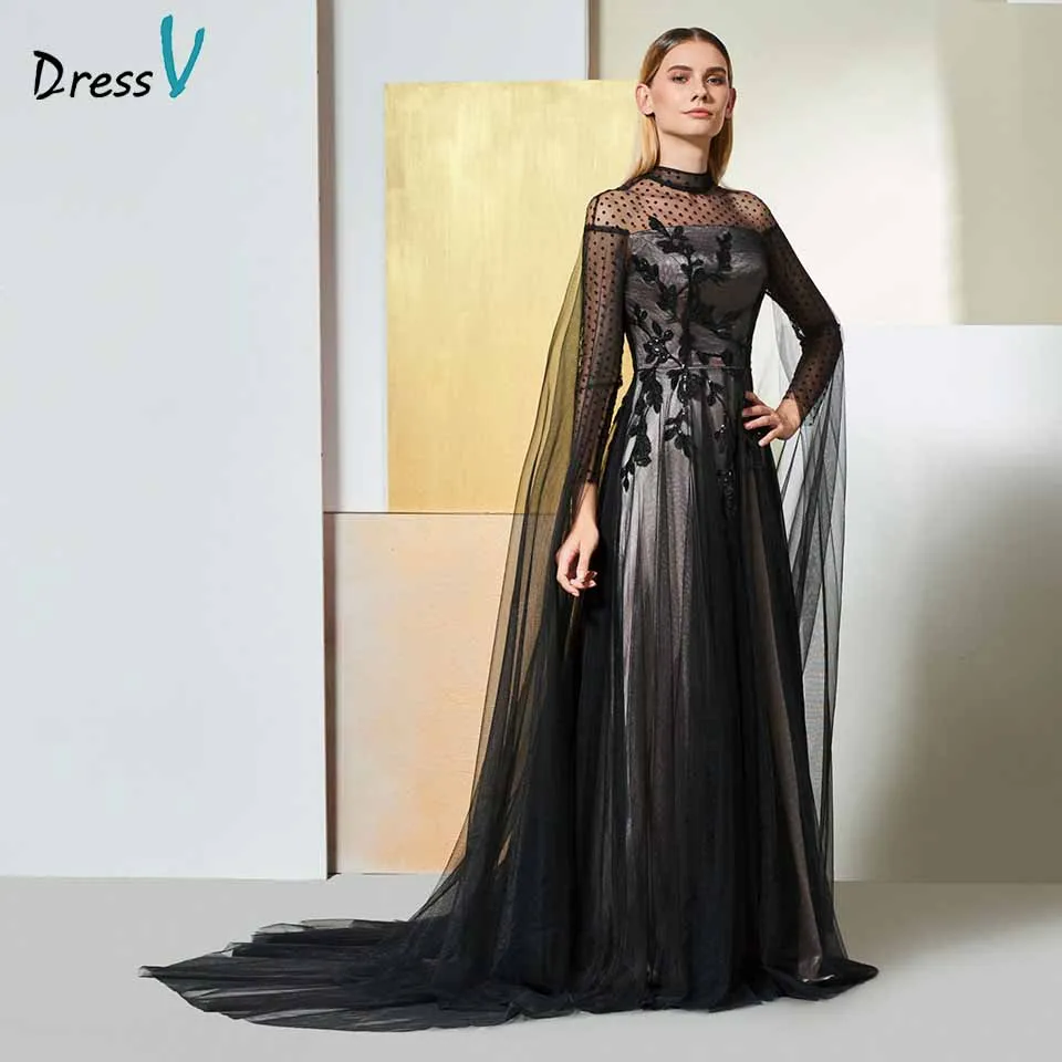 Черное платье с высоким воротом Dressv вечернее длинным рукавом и бусинами