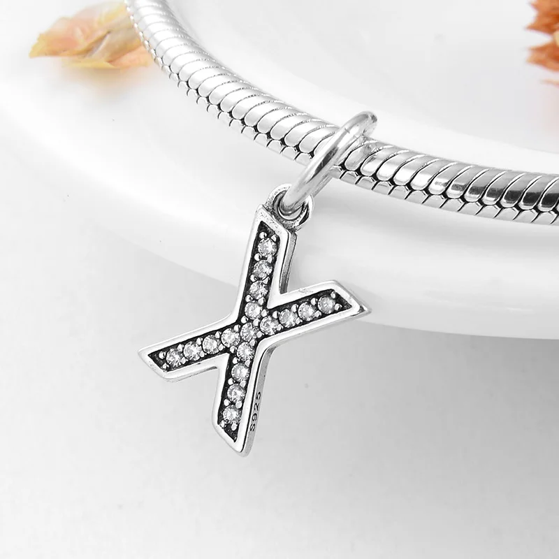 X Подвеска pandora, серебро 925, браслет, настоящее 925 пробы, серебряный, модный, с буквами A to Z, очаровательный Бисер для изготовления ювелирных изделий - Цвет: X