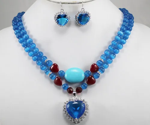 Free shipping Fashion bohemian jewelry set Silver plated 8mm Blue Opal Heart Pendant Necklace Earrings | Украшения и аксессуары