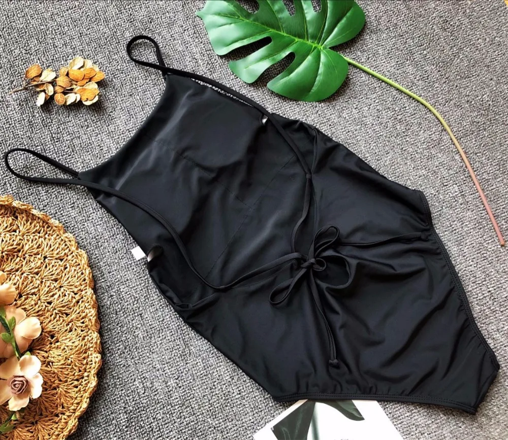 Сексуальный черный струнный Цельный купальник со шнуровкой цельный с открытой