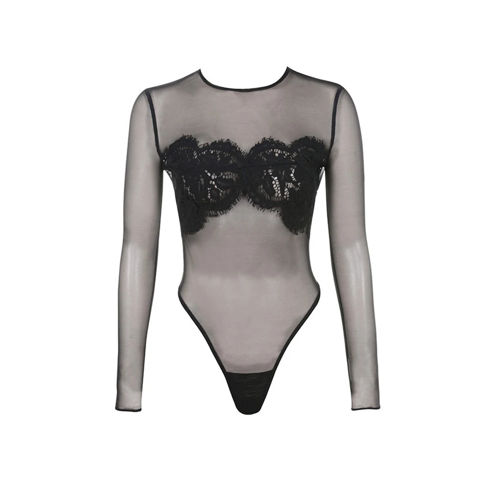Gothic Women Sexy Bodysuit Black Transparent Long Sleeves O Neck Mesh Bodysuit One Piece Jumpsuit Party Women Clothes