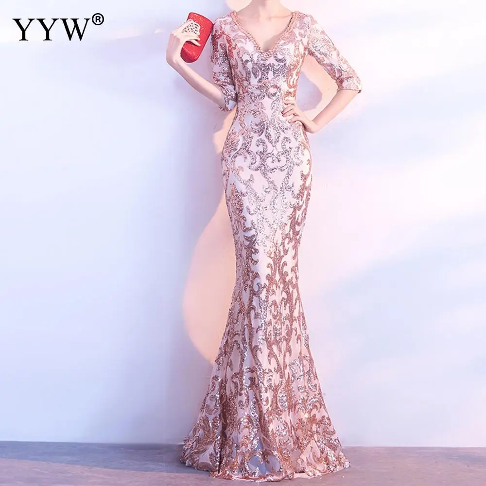 Sequin сексуальное вечернее платье с v-образным вырезом женское платье с полурукавом и вырезом на спине длинное платье в обтяжку женское сексуальное платье De Soiree элегантные платья