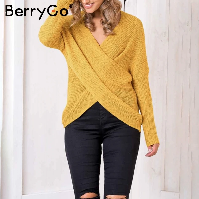 BerryGo Sexy V neck cross knitting winter sweater women Autumn pull knit casual jumper Fashion down sleeve pullover female 2017 | Женская