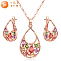 fym luxury bridal jewelry sets hollow water drop inlay colorful zircon wedding necklace earring for brides party accessories
