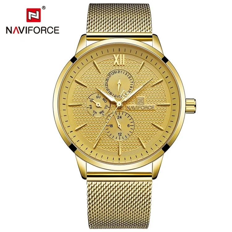 Золотой NAVIFORCE модные спортивные часы для мужчин Синий нержавеющая сталь сетки Группа водостойкий бизнес мужские часы кварцевые наручные - Цвет: Золотой