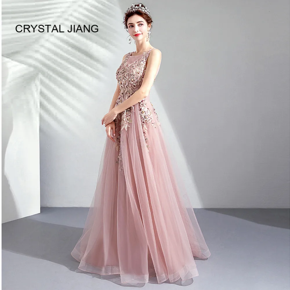

CRYSTAL JIANG 2018 Elegant Scoop Collar Natural Waist Lace Applique Beading Custom made A Line Fashion Prom Dresses Dresses Long