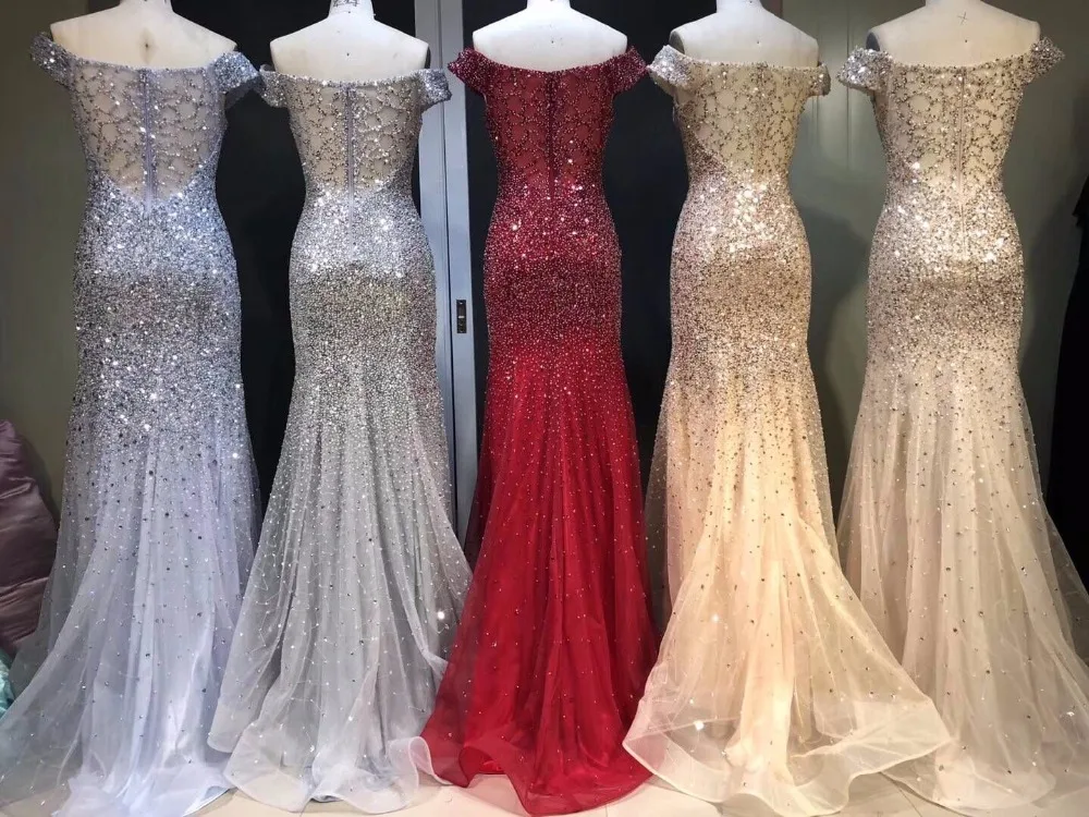 2018 In stock Sexy Mermaid Prom Dresses Short Sleeve Evening Dress Crystals New Design Amazing Party gown beading | Свадьбы и
