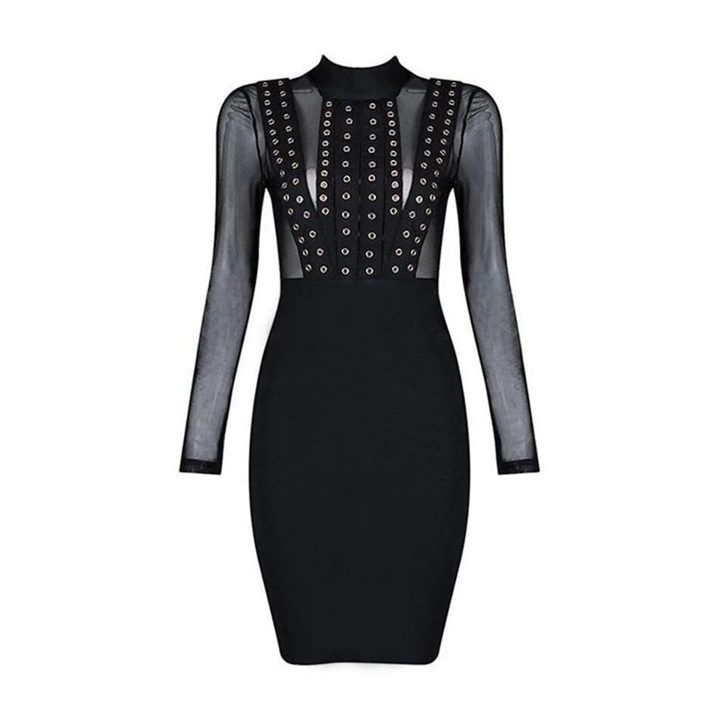 Женское прозрачное боди с длинным рукавом черное Сетчатое облегающее