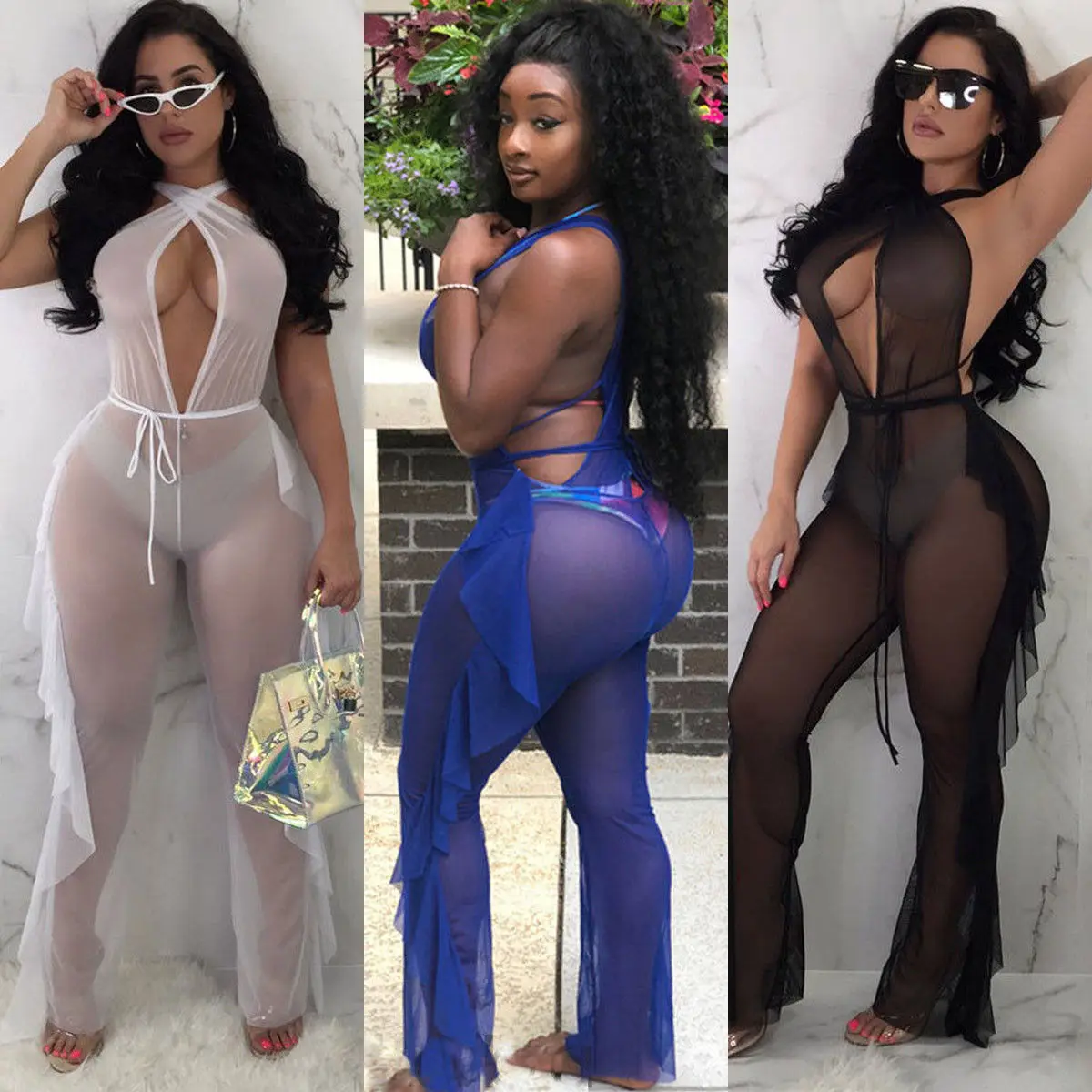 

2019 Hot sale sexy halter S-XL Ruffles Women Summer Mesh See Through Jumpsuit Romper Bodycon Playsuit Clubwear Trousers Pants