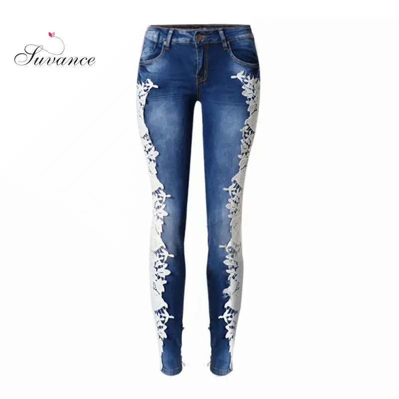 Suvance модные кружевные сшитые джинсовые хлопковые 100% узкие женские джинсы