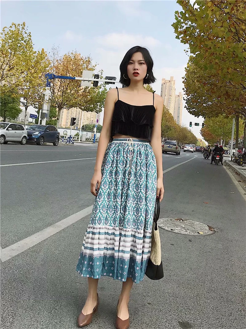 Boho шикарная Женская пляжная юбка хиппи с зеленым цветочным принтом, богемная юбка с высокой эластичной талией из вискозы, трапециевидная юбка миди для женщин