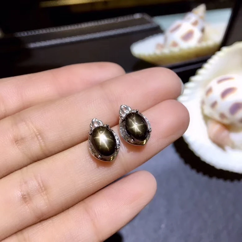Серьги из серебра 925 пробы с натуральным черным сапфиром|Серьги-гвоздики| |