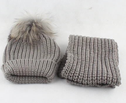 gray fur pom 3-10 лет, Детские Зимние теплые шапки с помпоном из натурального меха для мальчиков и девочек, шапочки с помпонами и шарф, Хлопковый вязаный детский набор из шапки и шарфа - Цвет: gray fur pom