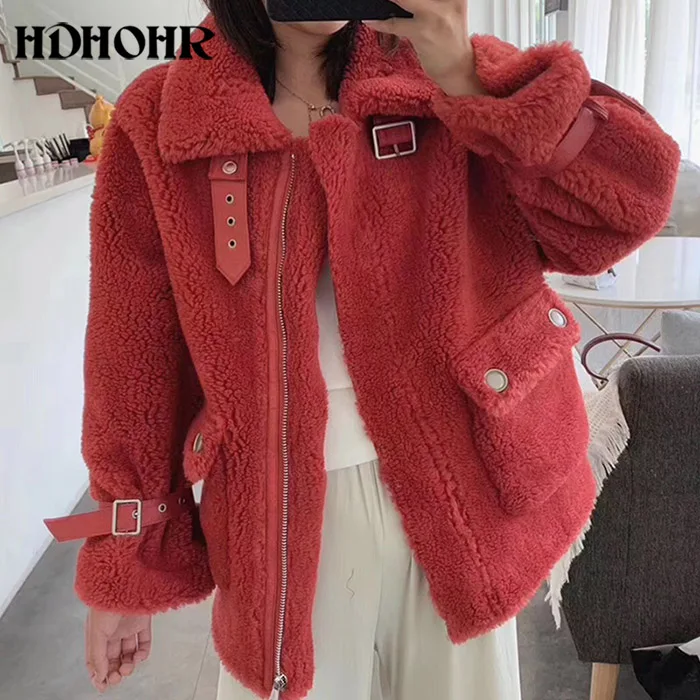 HDHOHR Новинка пальто из натурального овечьего меха шерстяное пальто верблюжье плюшевое пальто больше размера зимняя женская толстая теплая верхняя одежда - Цвет: Красный