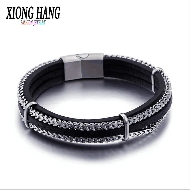 

New Arrived Fashion Stainless Steel Bracelet Bangle Men Vintage Bracelet Genuine Leather Bracelet Woven Rope Chain Jewelry Gift