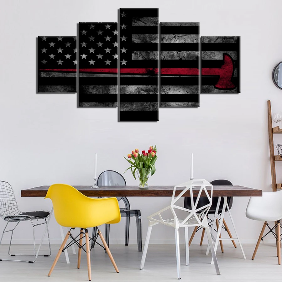 5 панелей холст печать абстрактная тонкая красная линия топор Флаг США Холст