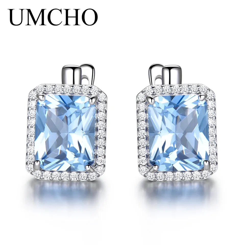 Sky Blue Topaz UMCHO, роскошные, прямоугольные, изумрудные, клипсы, серьги, твердые, 925 пробы, серебряные, цветные, драгоценные камни, серьги для женщин, хорошее ювелирное изделие - Цвет камня: Sky Blue Topaz