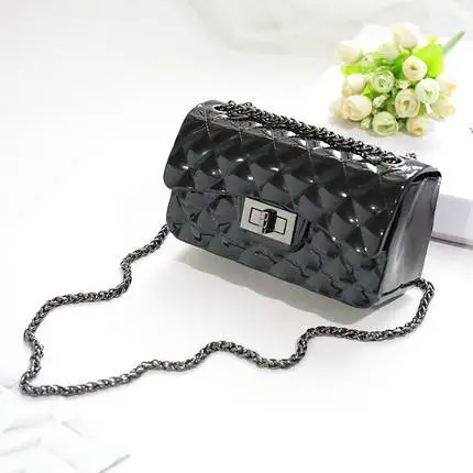 Летняя женская мини Желейная сумка на цепочке из силикагеля, женская маленькая сумка в ромбовидную клетку с клапаном, повседневный клатч, силиконовая сумка, сумки на плечо - Цвет: Черный