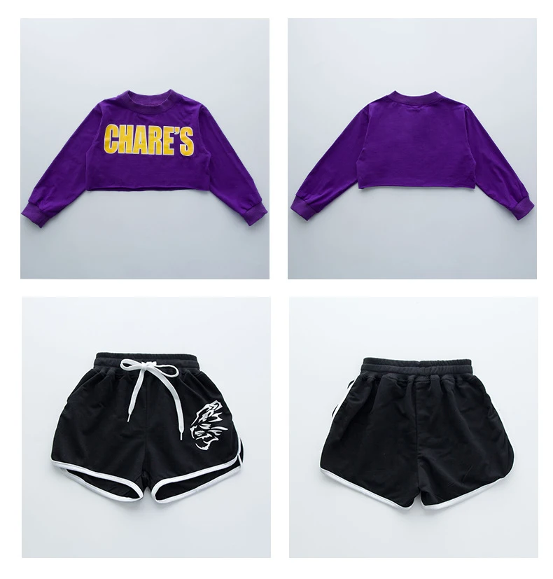 

2PCs Child Girls Street Dance Hip Hop Stage Performance Costume Crop T-shirt Short Pants Clothing Set