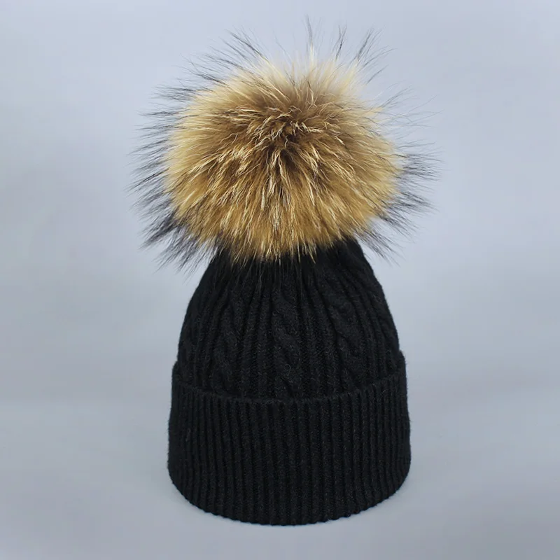 Зимняя меховая шапка с помпоном Skullies для женщин, кашемировая шерстяная хлопковая шапка, большая шапка с натуральным енотом, шапка с меховым помпоном, шапка с помпоном из лисьего меха - Цвет: Black