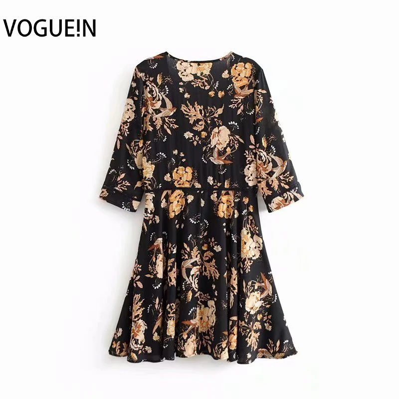 Женское пляжное платье миди VOGUEIN розовое/черное с цветочным принтом и рукавом 3/4