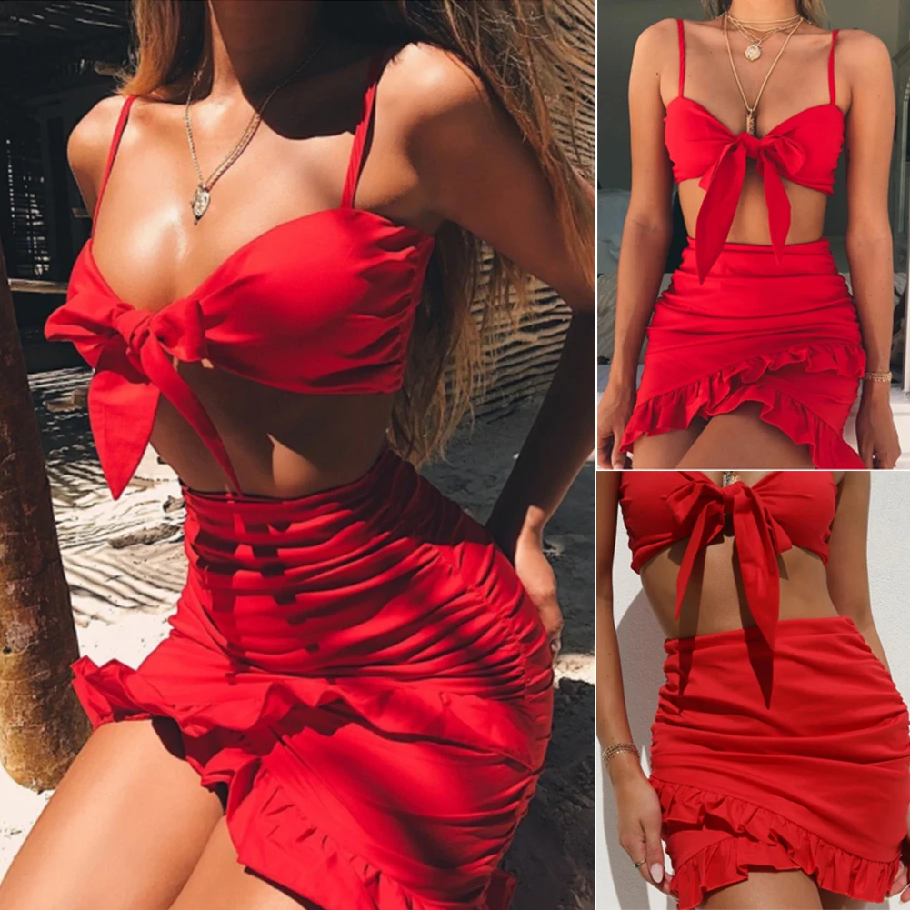 

Women Bodycon Two Piece Crop Top Bikini Skirt Set Bandage Summer Swimwear Beachwear Red Monokini Bathing Suit