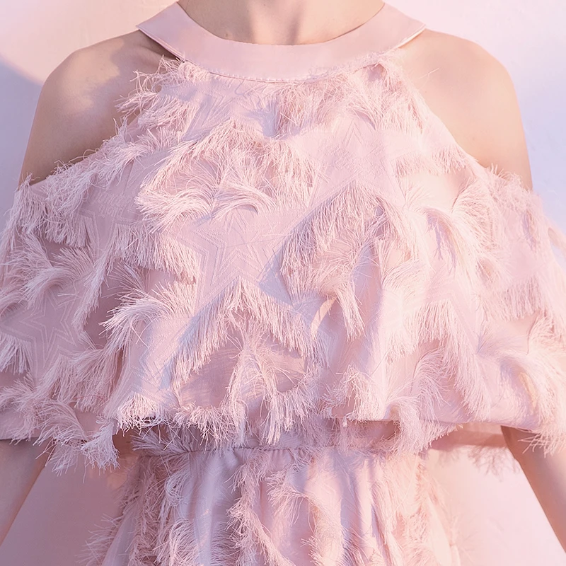 

Elegant Pink Evening Dress with Jacket Halter Off Shoulder Feather Long Formal Dress Luxury Special Occasion Dresses LF419