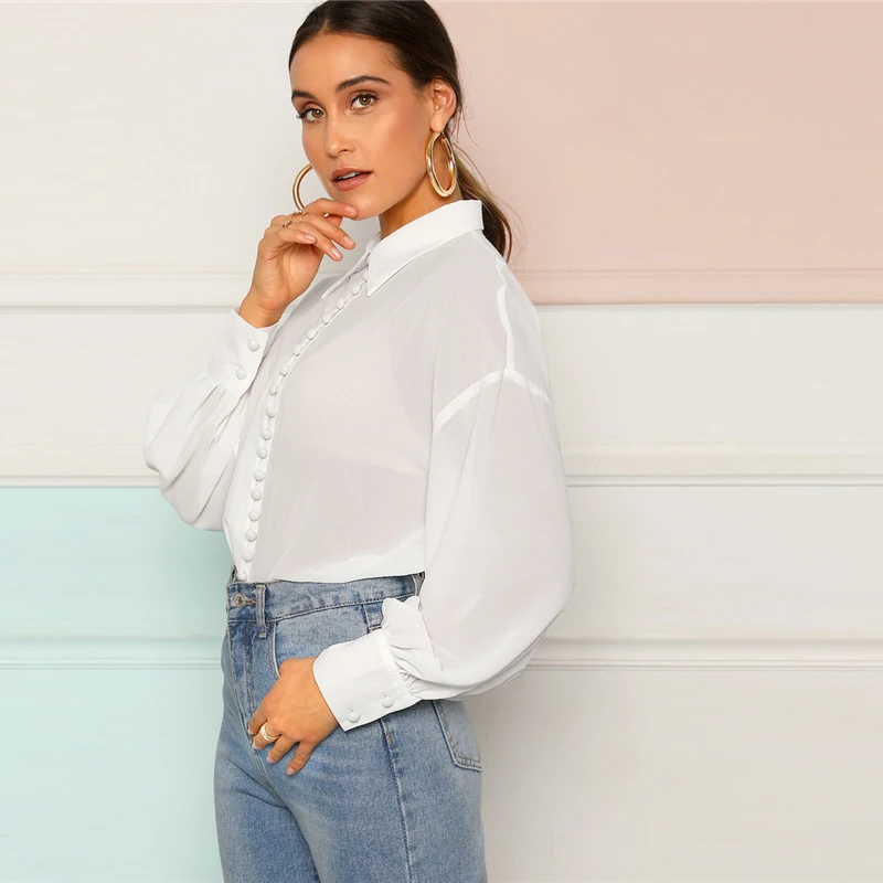 SHEIN Полупрозрачный Топ С Оригинальным Рукавом И Пуговицами, Офисная Блуза С Длинным Рукавом