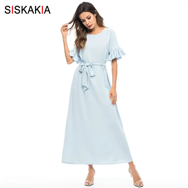 Женское офисное платье Siskakia длинное однотонное с оборками и коротким рукавом