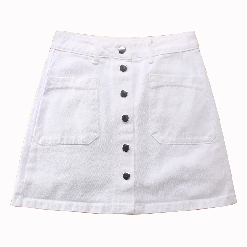 

New 2019 Women Summer Fashion High Waist Denim Skirts Front Button Mini White Jeans Skirt High Quality Cowboy A-line Skirts