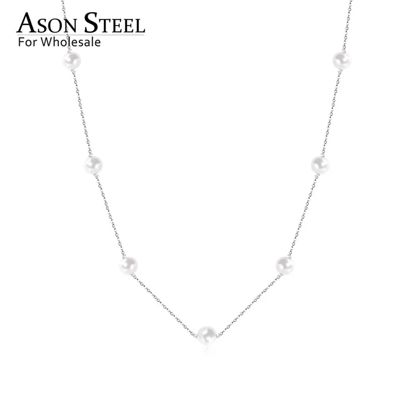 75 Silver ASONSTEEL Gold/Silver White Black Round Imitation Pearl Pendant Necklace Stainless Steel Snake Chain Jewelry Collars Gift Party - Окраска металла: 75 Silver