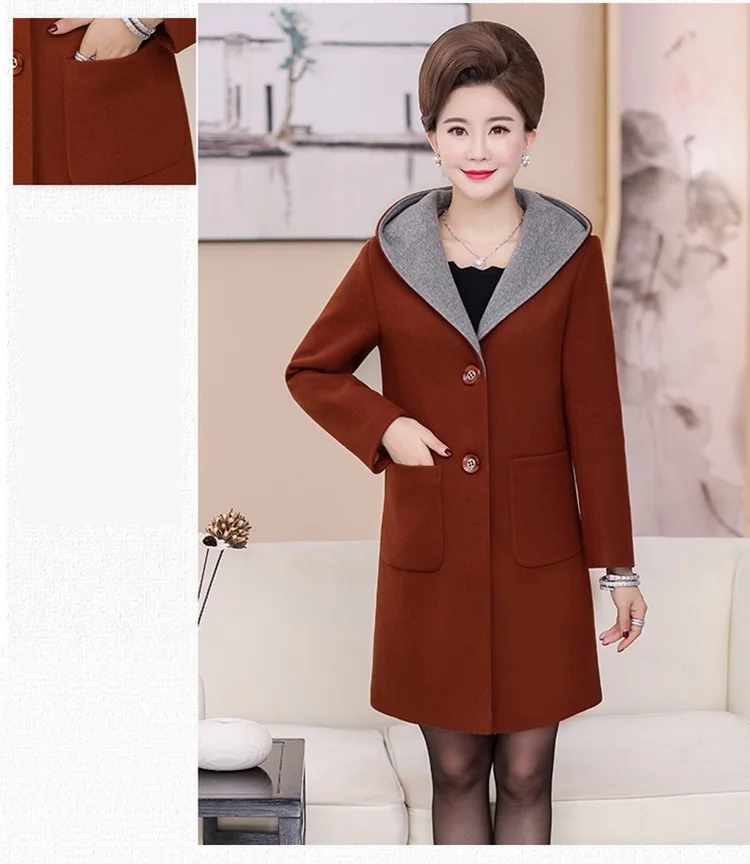 Autumn Winter Woolen Coat Women Hooded New Middle-aged Mother Clothes Long Slim Wool Coat Womens windbreaker Plus Size coat 5XL