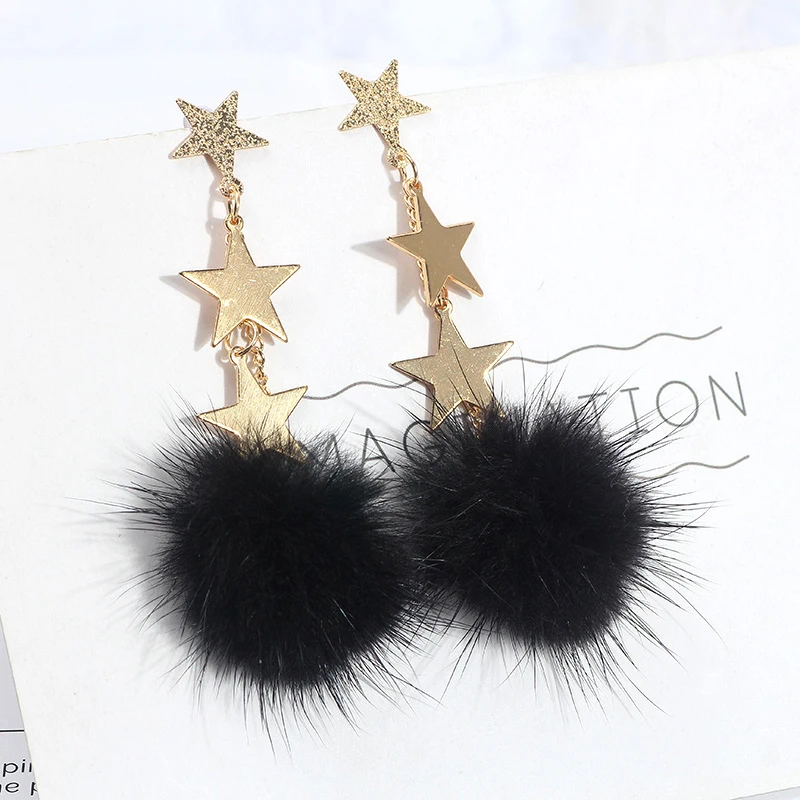 Серьги Pom Pon с помпоном из меха норки, минималистичные серьги со звездами, длинные серьги с цепочкой в виде капель, разноцветные помпоны в стиле Харадзюку, ювелирные изделия для женщин и девушек, подарок