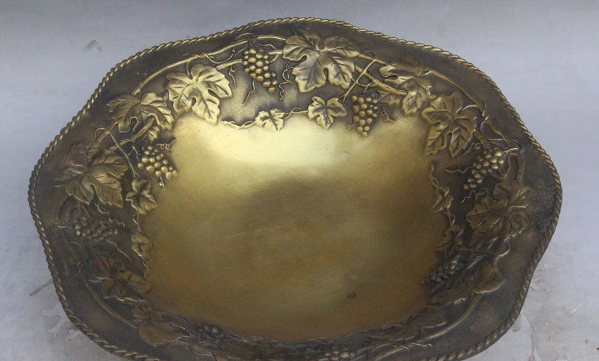 14&quot Chinese Palace Copper Fruit Grape Vine Leaf Compote Statue Plate Dish Tray | Дом и сад