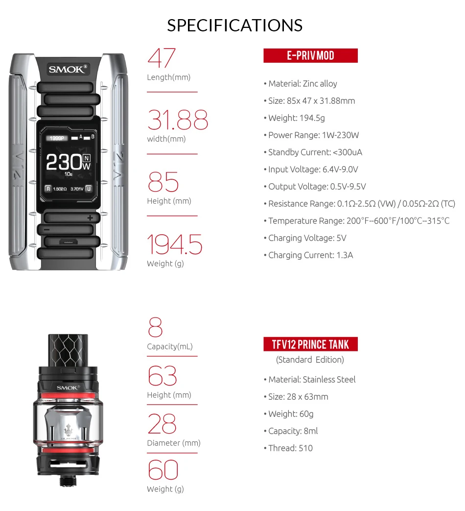 Оригинальный набор SMOK E Priv 230 Вт с баком TFV12 Prince 8 мл + сетчатые катушки для