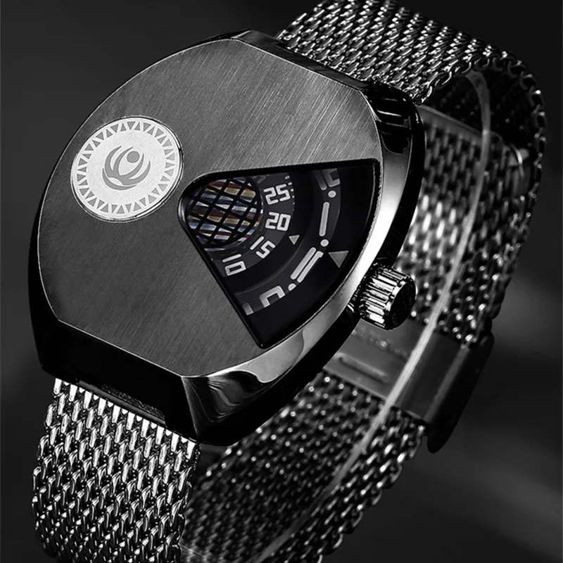 Novel Creative Pointerless Men Quartz Wrist watches Full Steel Strap Watches Men's Alloy Vintage Tonneau Watch Triangle Display