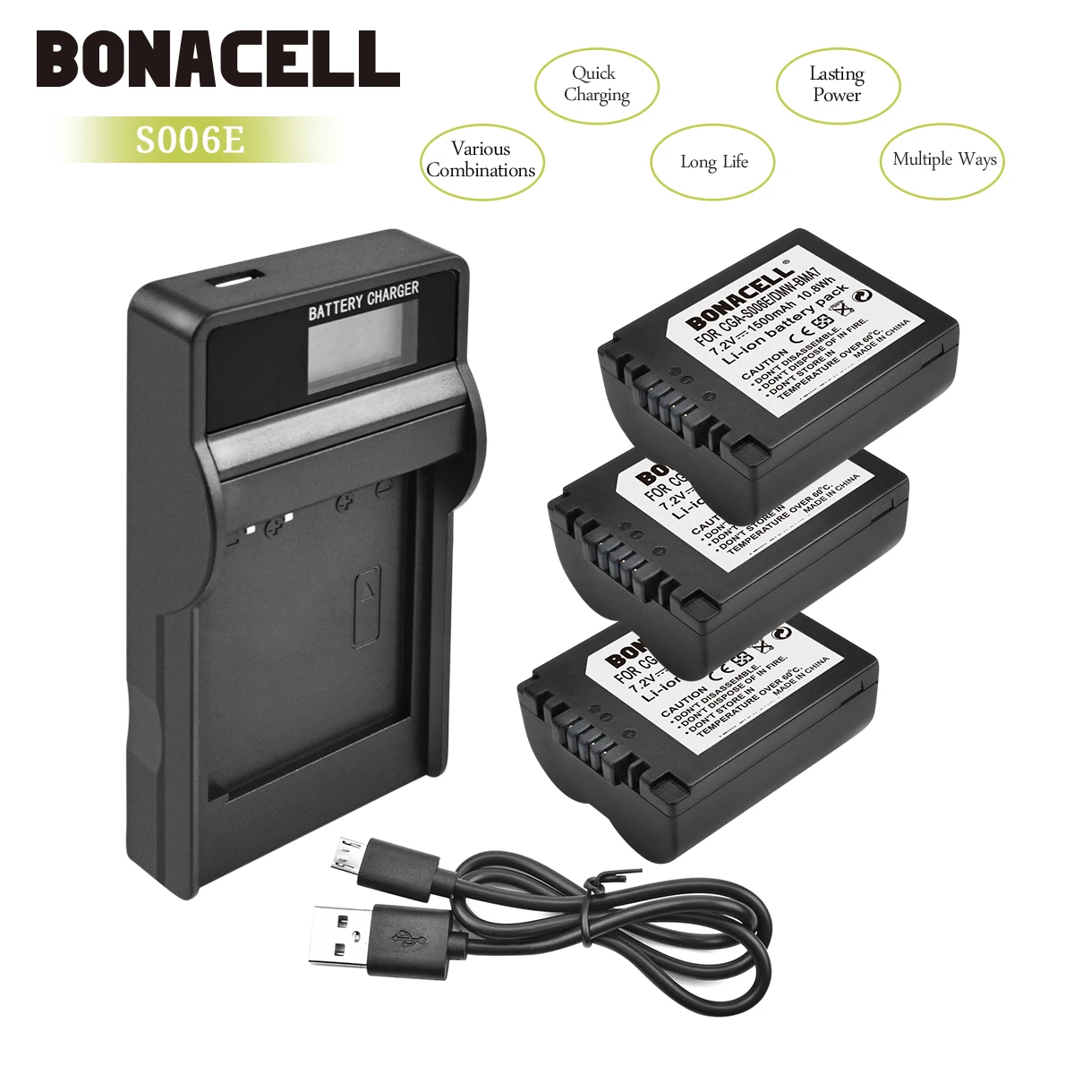 Bonacell 1500 мА/ч, CGA-S006 CGR CGA S006E S006A S006 DMW-BMA7 Батарея+ ЖК-дисплей Зарядное устройство для цифрового фотоаппарата Panasonic DMC FZ7 FZ8 FZ18 FZ28 FZ50 L50 - Цвет: 3X Battery Charger