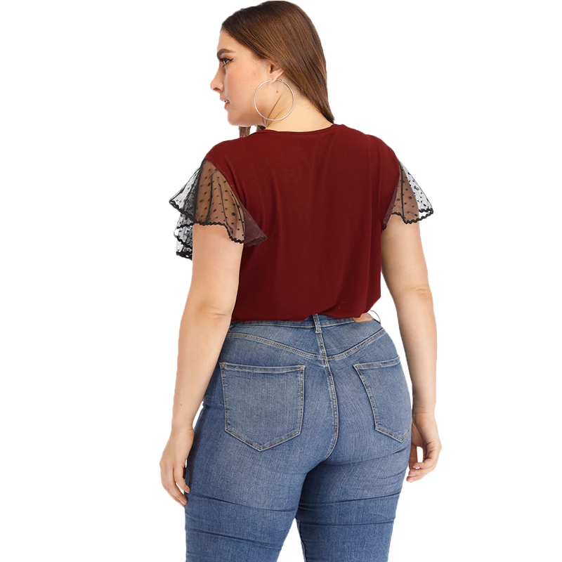 Women Plus Size 5XL Sheer Mesh blouse Polka Dot Lace V Neck Short Sleeves High Waist Slim Casual Tees Ladies Summer Tops |