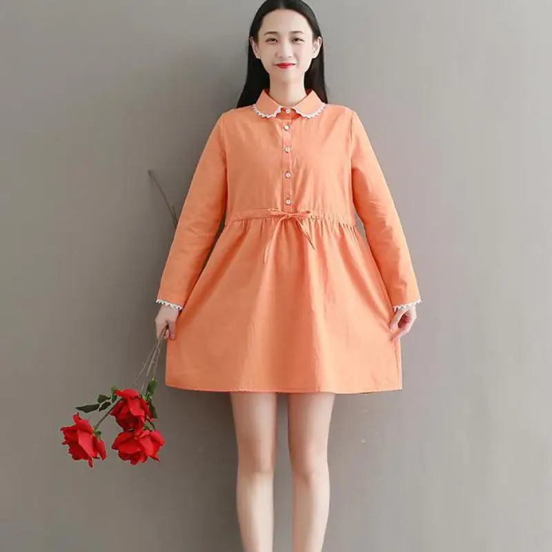 Женское весеннее милое платье с принтом Питер Пэн воротник из хлопка и льна