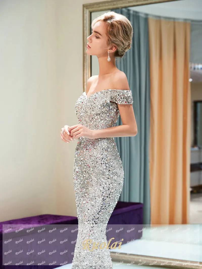 Vestidos de fiesta серебряное роскошное вечернее платье русалки длинное 2018 с блестками