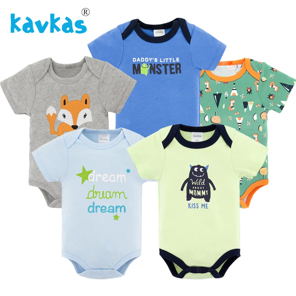 Kavkas New Baby Boy Clothes Set 5PCS Newborn Girls Rompers Short Sleeve Cotton Cartoon Infant Overalls One Piece | Детская одежда и