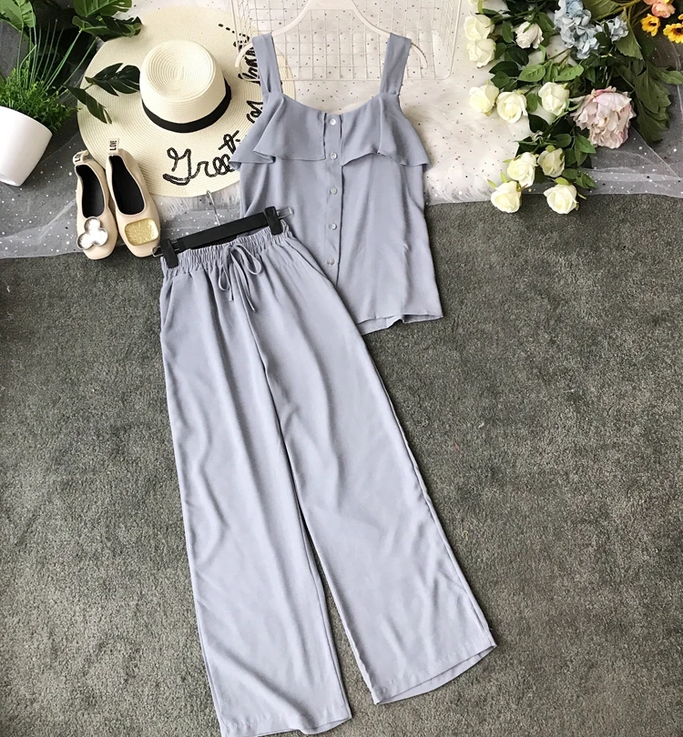 ALPHALMODA/ летний однобортный Топ с оборками+ широкие брюки, Женский повседневный комплект из 2 предметов, женские летние однотонные штаны, костюмы