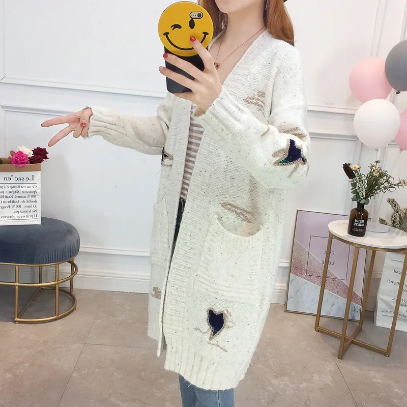 Длинный кардиган с вышивкой, плотный теплый зимний свитер, куртки для женщин, вязаное пальто, Повседневный свитер для девочек, верхняя одежда X31