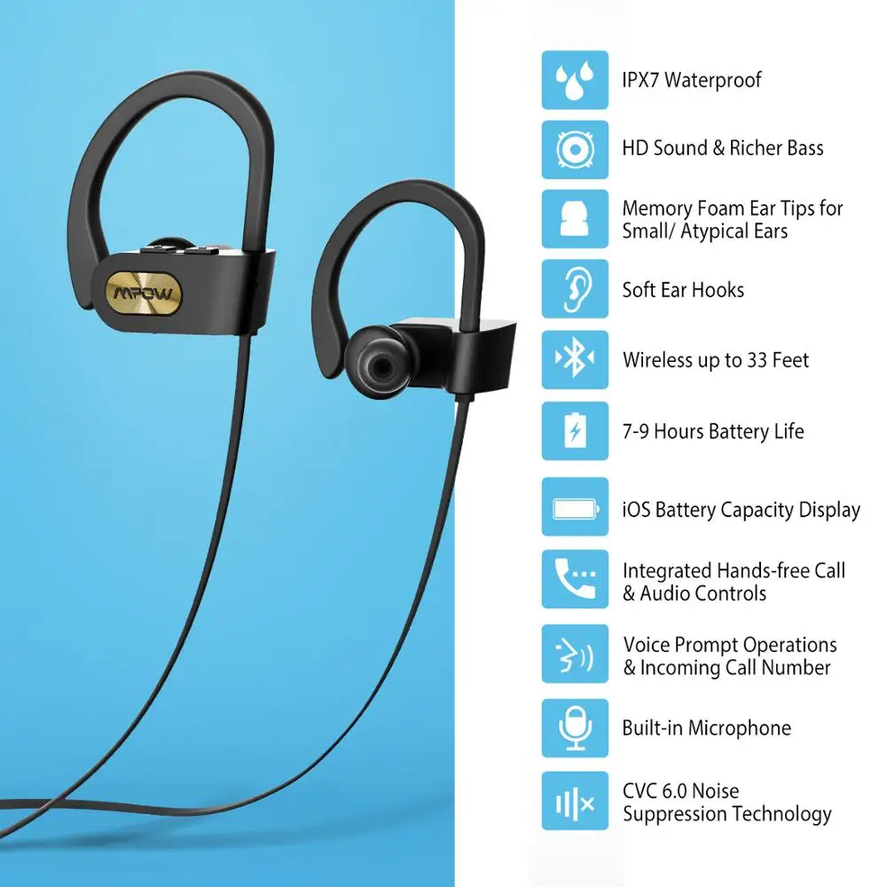 Mpow Flame Bluetooth 5,0 наушники спортивные Гарнитуры Hi-Fi стерео наушники IPX7 водонепроницаемые наушники с шумоподавлением с микрофоном чехол
