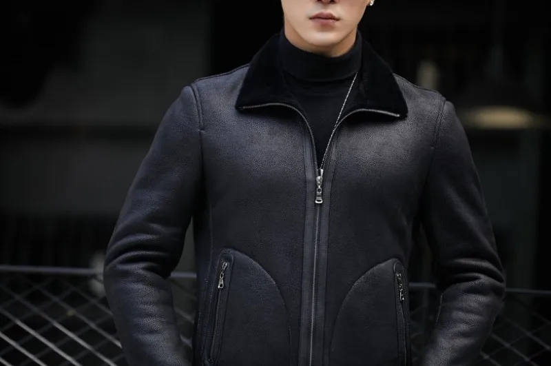 Chaqueta Cuero Hombre мотоциклетная Байкерская зимняя теплая куртка с меховой подкладкой пальто из натуральной кожи приталенная офисная Повседневная куртка-бомбер